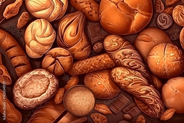 Obraz Collection of grain bread and bakery products. View from above. Generative AI.