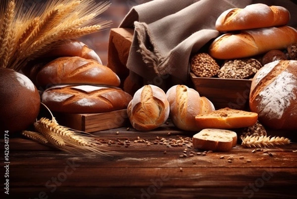 Obraz Bread. Assortment of bakery products. Generative AI.