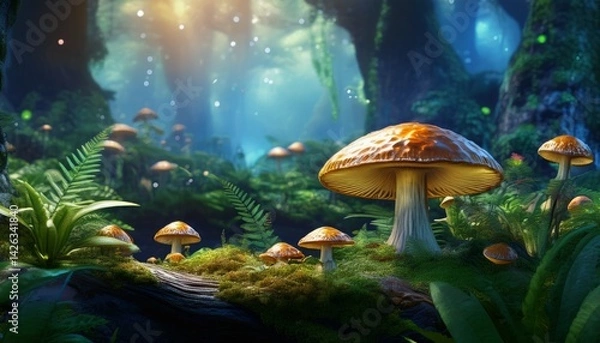 Fototapeta Enchanted Forest Mushrooms Magical Fungi, Mossy Log, Deep Woods
