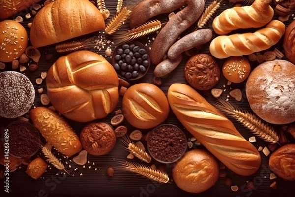 Obraz Bread based food staple concept with group of bakery products from bakery or home kitchen made from whole wheat and grains. Generative AI.