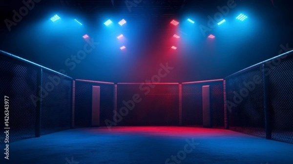 Fototapeta Empty octagon MMA cage with red and blue neon lights.