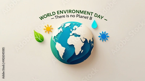 Obraz A minimalist globe icon centered on a white or light pastel background. Small eco-icons (leaf, water drop, sun) orbiting around it.