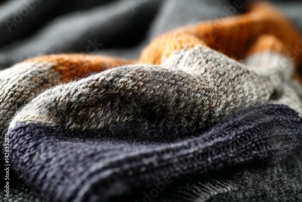 Fototapeta Close-up of knitted fabric showcasing warm tones and intricate textures in a cozy indoor setting