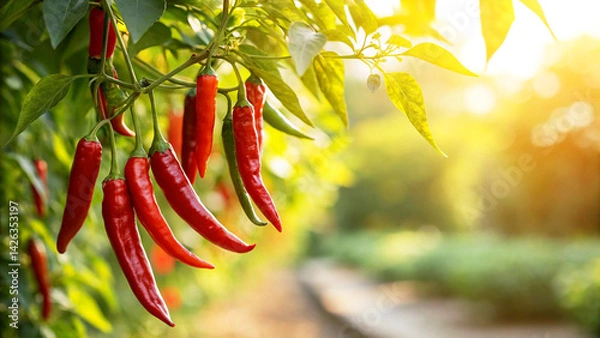 Fototapeta Red Chilies Plant in field, Red Chilli growing in field in natural Background Sunny Day time