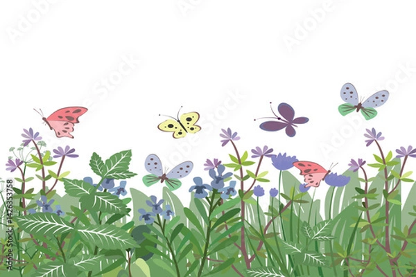Obraz Spring Garden with Butterflies and Wildflowers in Pastel Colors