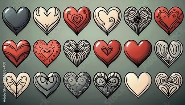 Fototapeta Charming HandDrawn Heart Icon Set in Vibrant Colors, Ideal for Digital Art, Graphic Design, and Home Decor, Showcasing a Symphony of Love and Emotion.