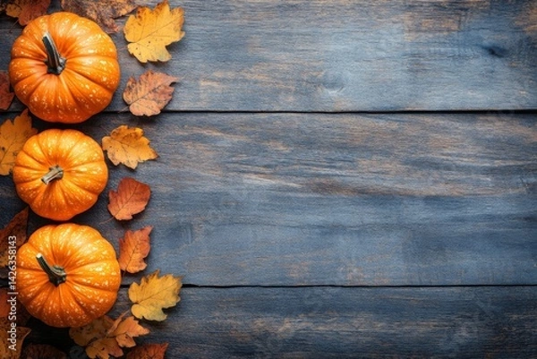 Obraz Autumn harvest display with pumpkins and colorful leaves on wooden background