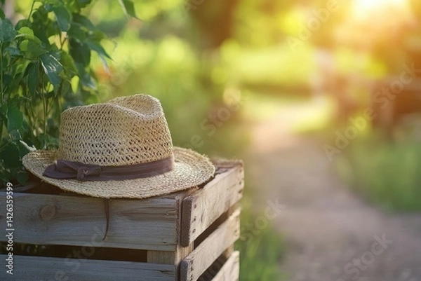 Fototapeta Rustic straw hat rests on a wooden crate outdoors.