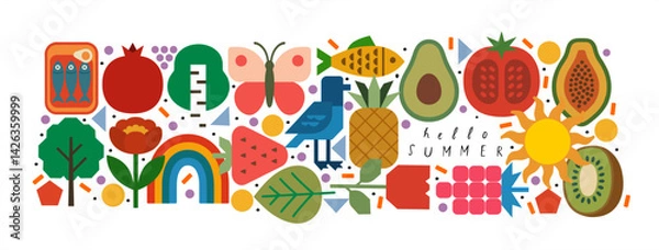 Obraz Summer. Nature. Vector illustration of sun, sardine, fish, kiwi, pineapple. flower, pomegranate, birch, tree, bird seagull, tomato, butterfly, raspberry, leaf, strawberry, rainbow, avocado, papaya