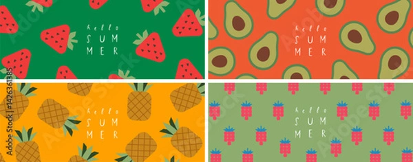 Fototapeta Hello summer. Summer vibe. Vector minimalistic abstract illustration of avocado, strawberry, raspberry, pineapple for background, textile, pattern, ornament, cover, poster, banner or design