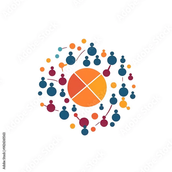 Fototapeta Abstract illustration of diverse groups of people surrounding a central circle, symbolizing unity and collaboration in a vibrant, colorful design , isolated on white or transparent png
