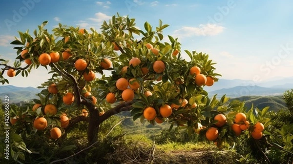Fototapeta Orange Tree Overlooking Hills