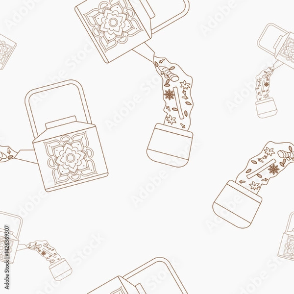 Fototapeta Editable Side View Outline Style Pouring Masala Chai Herbs from Patterned Metal Kettle into Pottery Cup Vector Illustration Seamless Pattern for Background of South Asian Beverages Culture