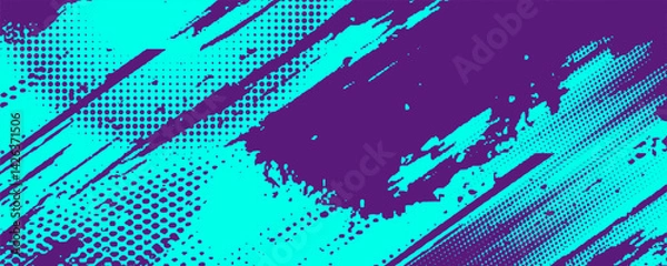 Fototapeta Abstract Sports Background with Blue and Purple Brush Texture and Halftone Effect. Grunge Background for Banner or Poster Design