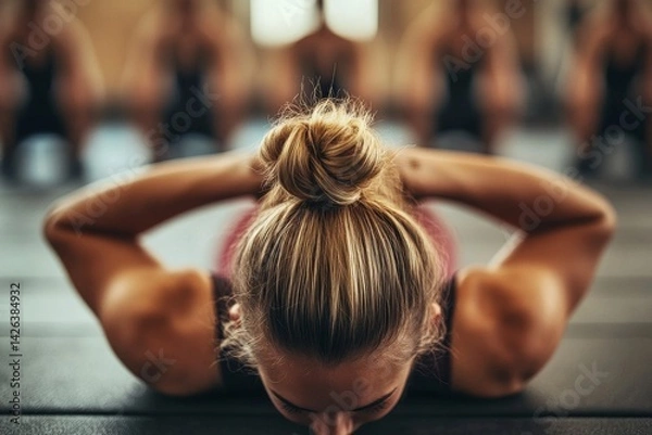 Obraz In a sports gym, a group is engaged in functional fitness training with the use of a kettlebell