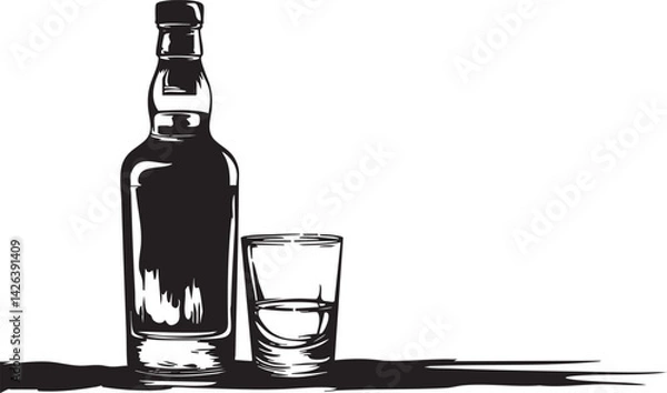 Obraz Black and white illustration of a whiskey bottle and a filled glass on a flat surface with minimal design.