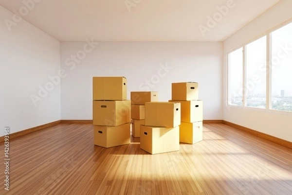 Fototapeta Shot of boxes in a new and empty home during the day