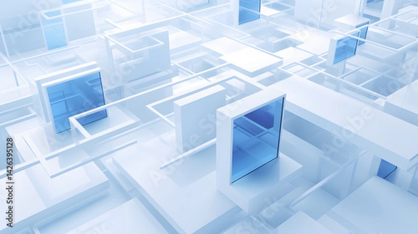 Fototapeta 3d rendering of white and blue abstract geometric background. Scene for advertising, technology, showcase, banner, game, sport, cosmetic, business, metaverse. Sci-Fi Illustration. Product display