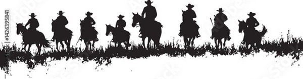 Obraz Silhouette of seven cowboys riding horses in a row on grassy terrain with western style hats