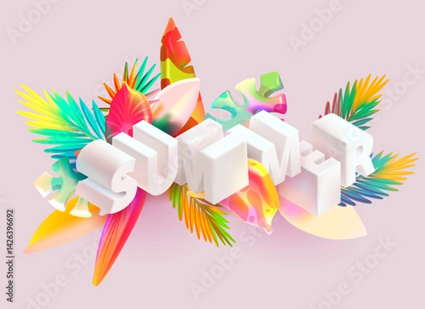 Obraz Colorful Summer Text with Tropical Leaves Vector Art