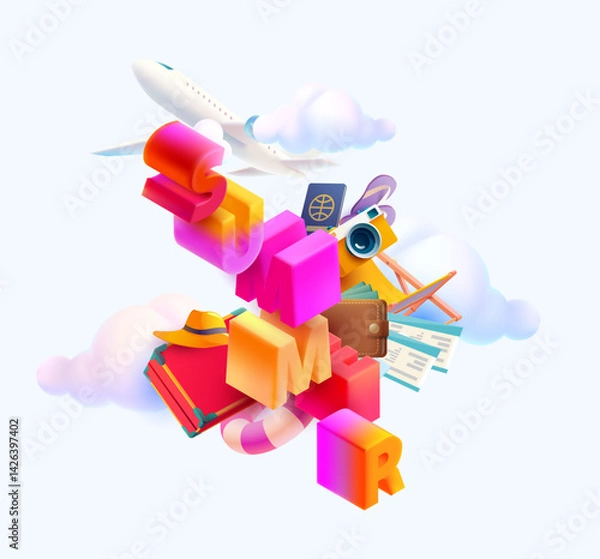 Obraz Colorful Summer Travel Vector Illustration with Airplane