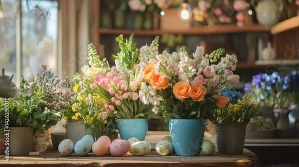 Fototapeta Springtime setting with colorful floral arrangements, Easter eggs, and vibrant greenery