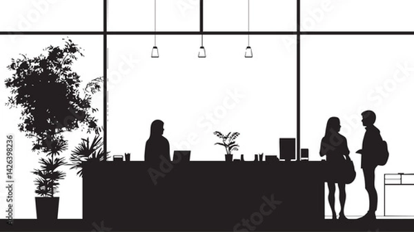 Obraz Silhouette of people interacting at a reception desk in a modern office lobby with plants and pendant lights
