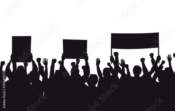 Obraz Crowd of people with hands in the air in black silhouette cheering, holding banners - protesters, demonstration, revolution, sport supporters, concert fans vector illustration