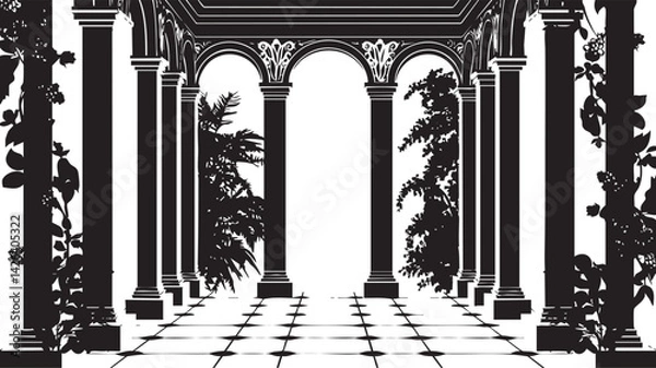 Obraz Black and white silhouette of a classical architectural corridor with arches, columns, and garden plants.