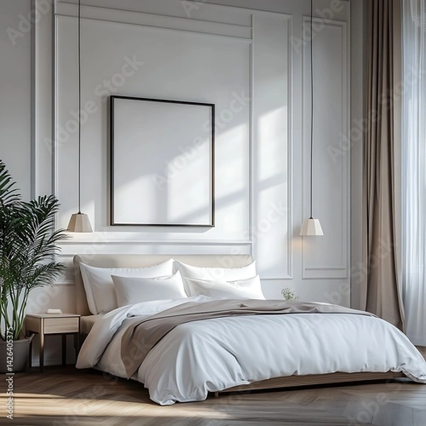 Fototapeta Serene bedroom interior with blank framed art and natural light design space