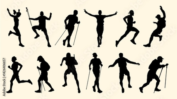 Obraz Silhouettes of active hikers and trail runners in various dynamic poses, showcasing outdoor adventure and physical fitness.
