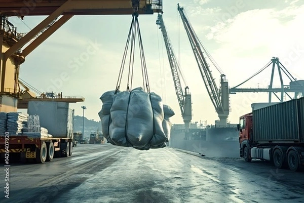 Obraz Large crane lifting big bags of cargo in a bustling industrial port, with trucks transporting goods and ships waiting to be loaded or unloaded, showcasing global trade and logistics