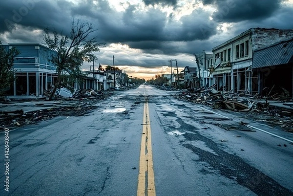 Obraz Showing a deserted city street after a natural disaster, featuring damaged buildings and debris under a dramatic cloudy sky, capturing the devastation and aftermath of a powerful event