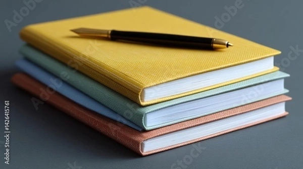Fototapeta Stack of four notebooks with a fountain pen resting on top. the notebooks are of different colors - yellow, green, orange, and brown.