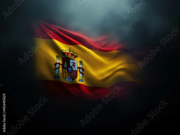 Fototapeta Spanish flag waving in dark background with coat of arms.