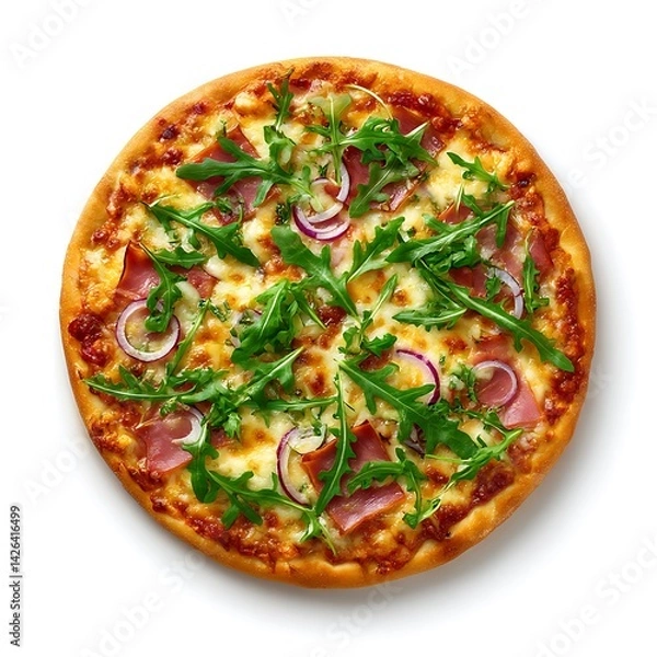 Fototapeta A delicious pizza topped with ham, red onions, and fresh arugula, isolated on a clean white background