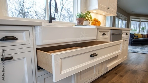 Fototapeta Modern white cabinets with pull-out shelf under sink for extra space