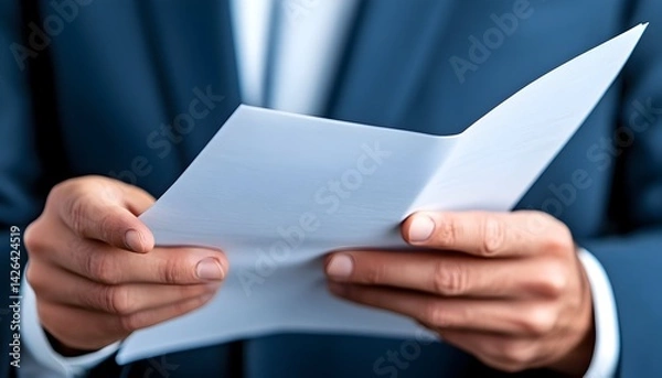 Fototapeta Close-up of person in suit reviewing tri-fold brochure