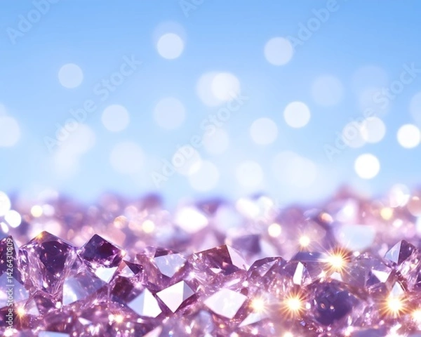 Fototapeta Sparkling purple gemstones against a soft blue bokeh background