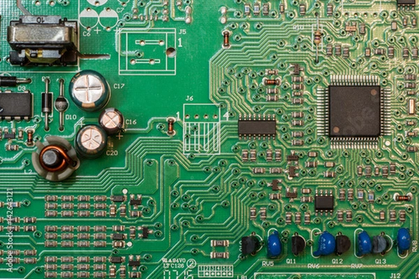 Fototapeta smd green multi layer printed electronic circuit board with microcontroller and components