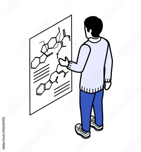 Fototapeta Male student looking over a Molecular structure analysis diagram - Blue Monochrome