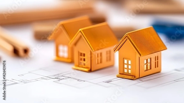 Fototapeta Three golden house models sit on architectural blueprints