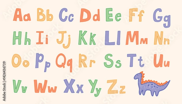 Fototapeta Colorful Hand Drawn Latin Alphabet with Uppercase and Lowercase Letters in Crayon Style. Playful Kids Font with Dinosaur Character. Funny Childlike Sketchbook Typography. Vector Illustration Design.