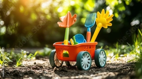 Fototapeta A toy garden cart with a variety of garden tools in it