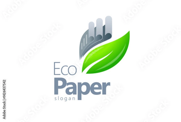 Obraz Eco Paper Logo. Ecology theme. Gray Papers and Green Leaf. Template design vector. White background