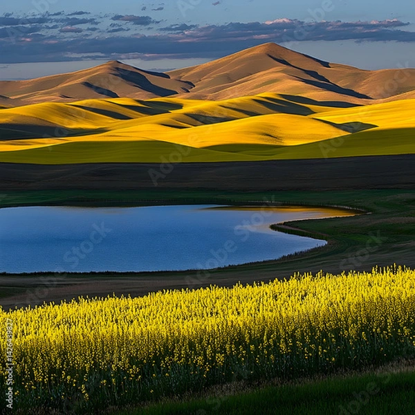Obraz Golden hour illuminates canola fields and a tranquil lake, nestled in rolling hills. Ideal for travel brochures