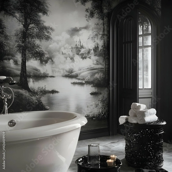 Obraz Luxurious monochrome bathroom with scenic mural, marble floor, and black accents; ideal for interior design websites