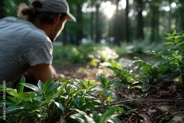 Fototapeta A contemplative individual engages with nature in a peaceful forest setting, emphasizing the importance of connecting with the environment for mental clarity and relaxation.