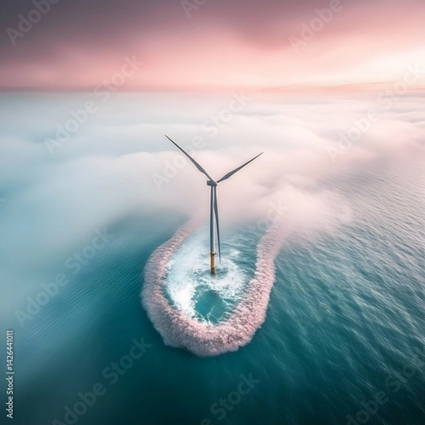 Obraz Offshore wind turbine generating clean energy at sunrise, above misty sea; sustainable power generation