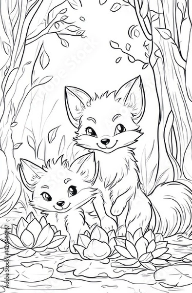 Fototapeta Two fox kits playing by water lilies in a forest, coloring page